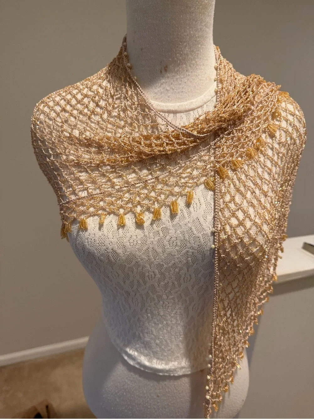 Tan  Mesh Beaded Crochet Fringe Poncho/Shawl/Scarf. Cover Up. Tassels.